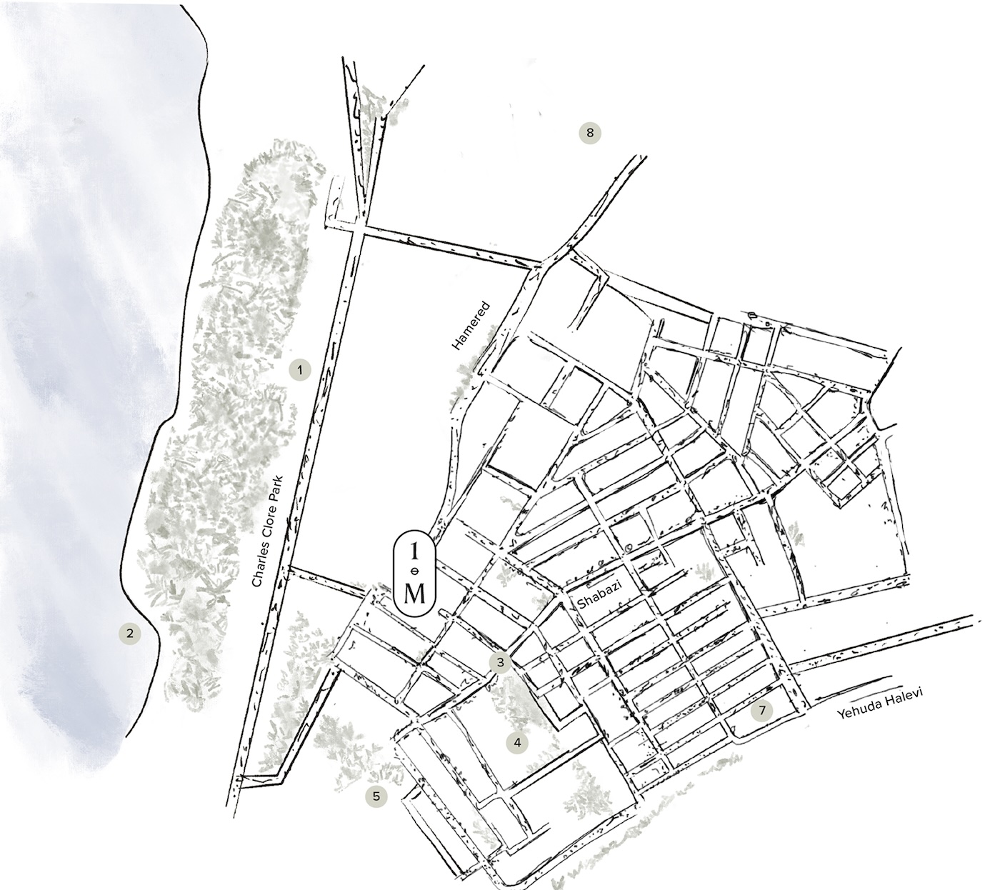 Illustrated map of Neve Tzedek and nearby places