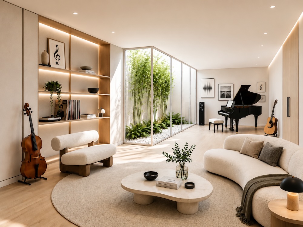 Music room with garden courtyard