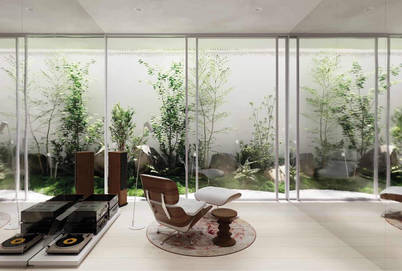 Modern residence interior overlooking a planted courtyard
