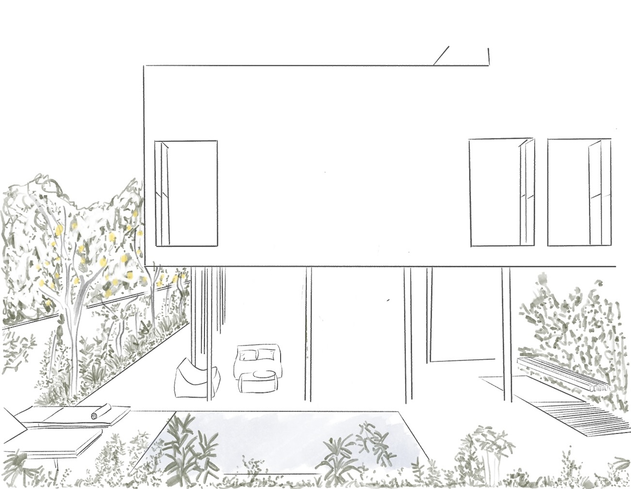Architectural illustration of the villa exterior